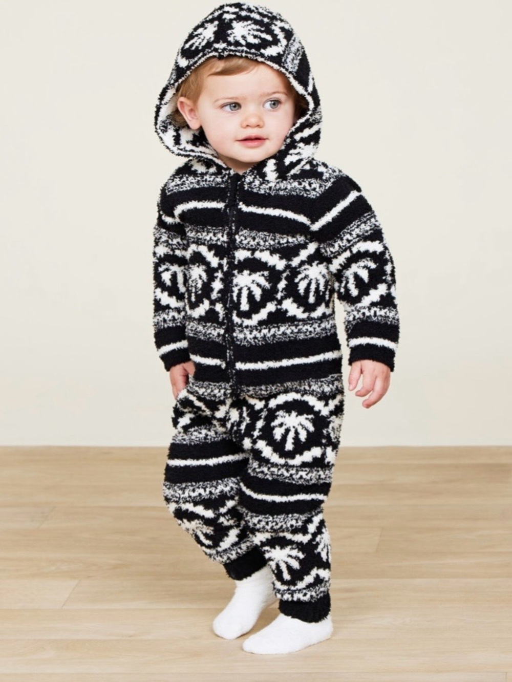 NWT Barefoot Dreams CozyChic Baby Malibu Fair Isle Snow Suit- Black / Cream